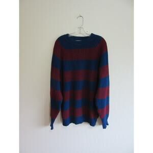 IRON WOOD TRADING COMPANY Blue Burgundy Horizontal Stripe Knit L Vtg Sweater